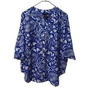 Preswick Moore Blue White Tropical Leaf Print Tunic Top Shirt XL